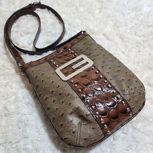 Guess Tate Mini Textured Faux Leather Brown/Taupe Crossbody - Picture 1 of 9